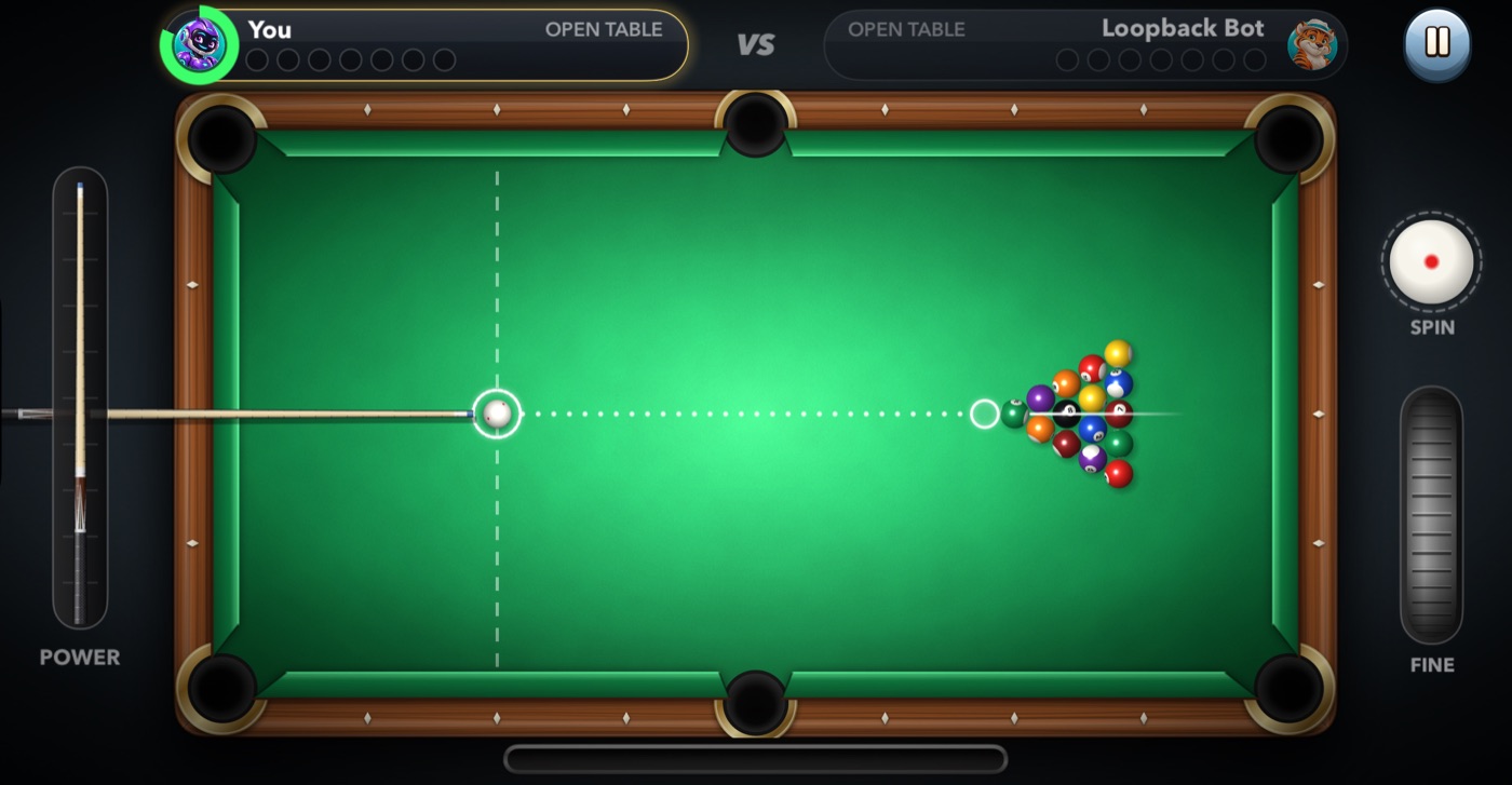 A racked table ready for the break, with the power bar on the left and spin on the right